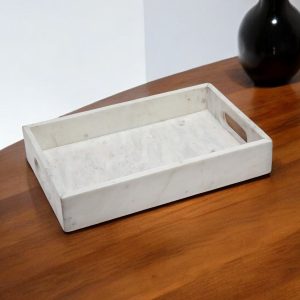 16" White Rectangular Marble Serving Tray With Handles