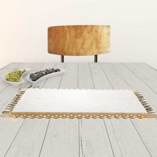 18" White and Gold Rectangular Marble Serving Tray - Image 3