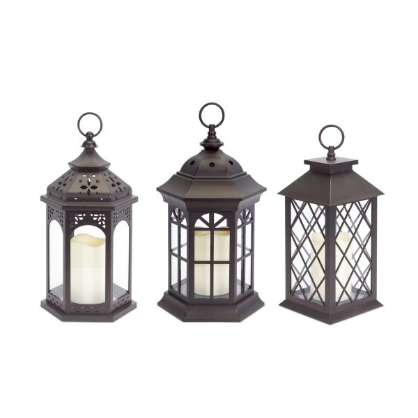 Set of Three Dark Brown Glass and Plastic Ornate Floor Lantern Candle Holders With Candles - Image 2