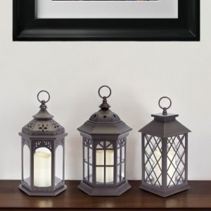 Set of Three Dark Brown Glass and Plastic Ornate Floor Lantern Candle Holders With Candles