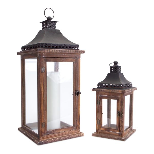 Set of Two Brown and Black Wood and Metal Ornate Floor Lantern Candle Holders - Image 2