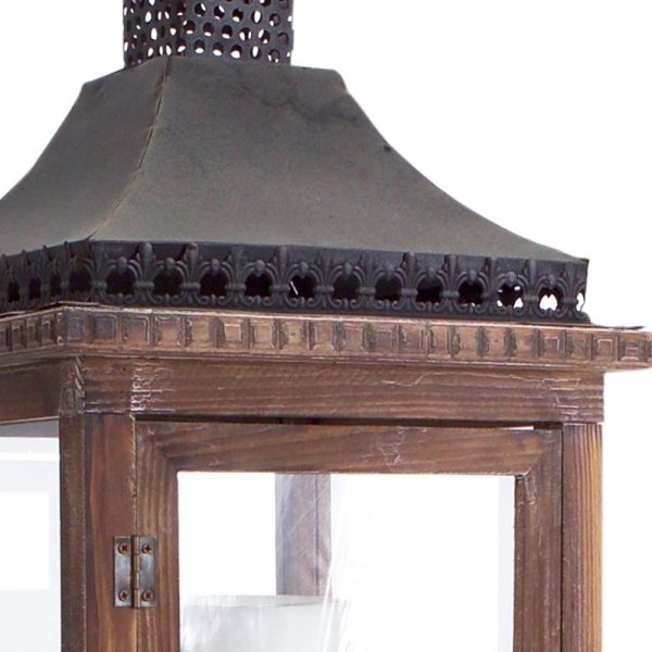 Set of Two Brown and Black Wood and Metal Ornate Floor Lantern Candle Holders - Image 3