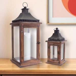 Set of Two Brown and Black Wood and Metal Ornate Floor Lantern Candle Holders