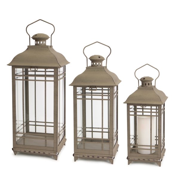 Set of Three Brown Glass and Metal Geometric Floor Lantern Candle Holders - Image 2