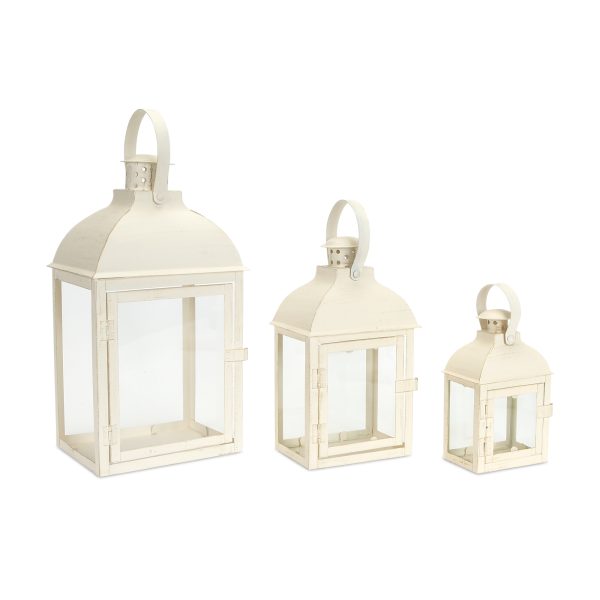 Set of Three Ivory Glass and Metal Floor Lantern Candle Holders - Image 2