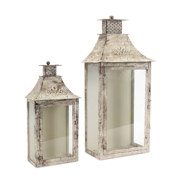 Set of Two Beige Iron and Glass Filigree Floor Lantern Candle Holders - Image 2