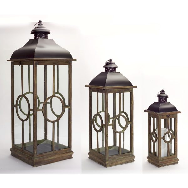 Set of Three Brown and Black Metal and Wood Geometric Floor Lantern Candle Holders - Image 2