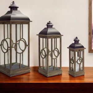 Set of Three Brown and Black Metal and Wood Geometric Floor Lantern Candle Holders