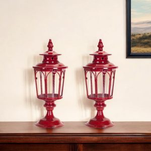 Set of Two Red Glass and Metal Distressed Tabletop Lantern Candle Holders