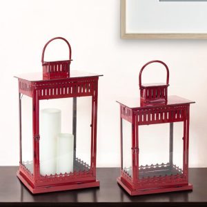 Set of Two Red Metal Ornate Floor Lantern Candle Holders