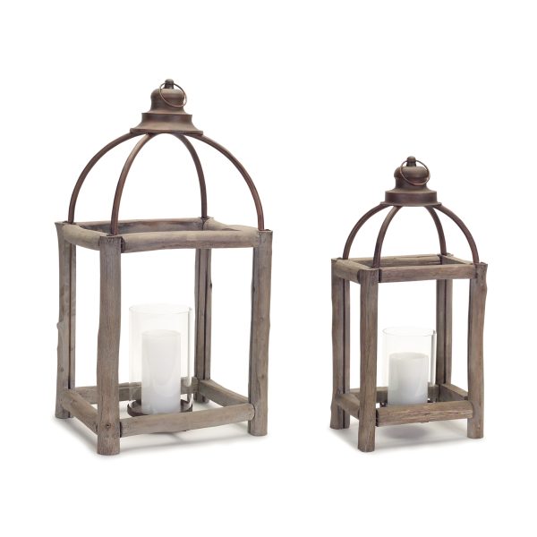 Set of Two Natural and Gray Glass Wood and Metal Geometric Floor Lantern Candle Holders - Image 2