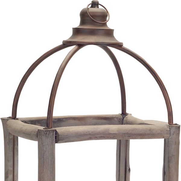 Set of Two Natural and Gray Glass Wood and Metal Geometric Floor Lantern Candle Holders - Image 3