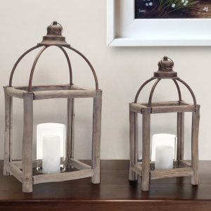 Set of Two Natural and Gray Glass Wood and Metal Geometric Floor Lantern Candle Holders