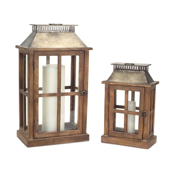 Set of Two Brown and Silver Wood and Metal Geometric Floor Lantern Candle Holders - Image 2