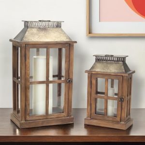 Set of Two Brown and Silver Wood and Metal Geometric Floor Lantern Candle Holders