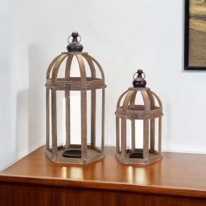 Set of Two Brown Wood and Glass Floor Lantern Candle Holders