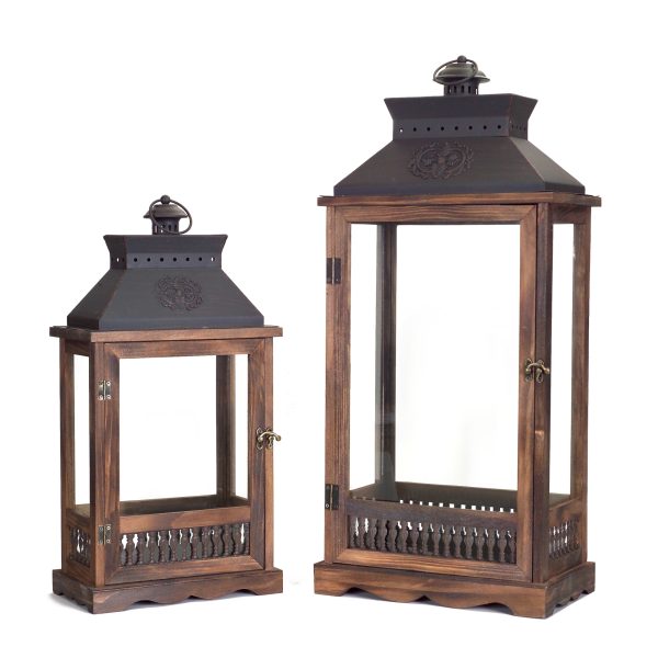 Set of Two Brown and Black Wood and Metal Rustic Floor Lantern Candle Holders - Image 2