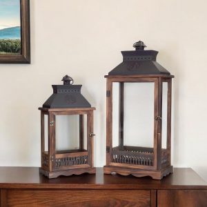 Set of Two Brown and Black Wood and Metal Rustic Floor Lantern Candle Holders