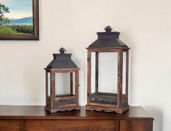 Set of Two Brown and Black Wood and Metal Rustic Floor Lantern Candle Holders