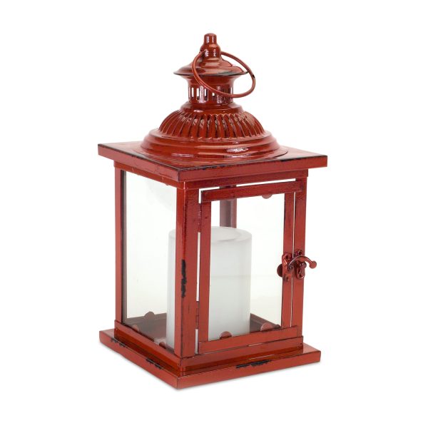 Set of Two Red Glass and Metal Geometric Floor Lantern Candle Holders - Image 3