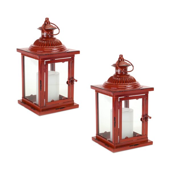 Set of Two Red Glass and Metal Geometric Floor Lantern Candle Holders - Image 2