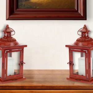 Set of Two Red Glass and Metal Geometric Floor Lantern Candle Holders