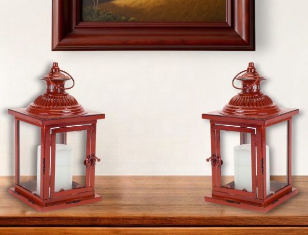 Set of Two Red Glass and Metal Geometric Floor Lantern Candle Holders