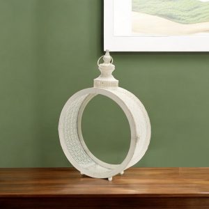 22" Ivory Glass and Metal Ornate Centerpiece Lantern Candle Holder