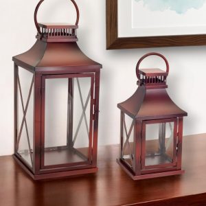 Set of Two Red Glass and Metal Geometric Floor Lantern Candle Holders