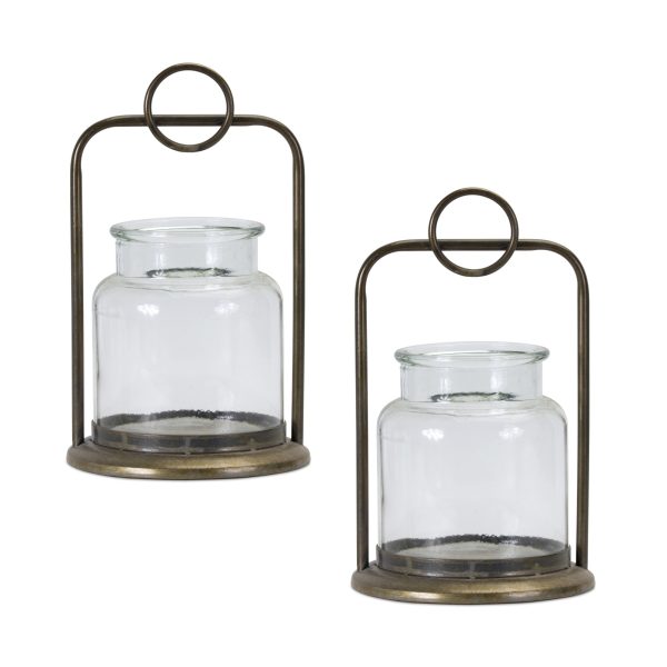 Set of Two Bronze Glass and Metal Tabletop Hurricane Candle Holders - Image 2