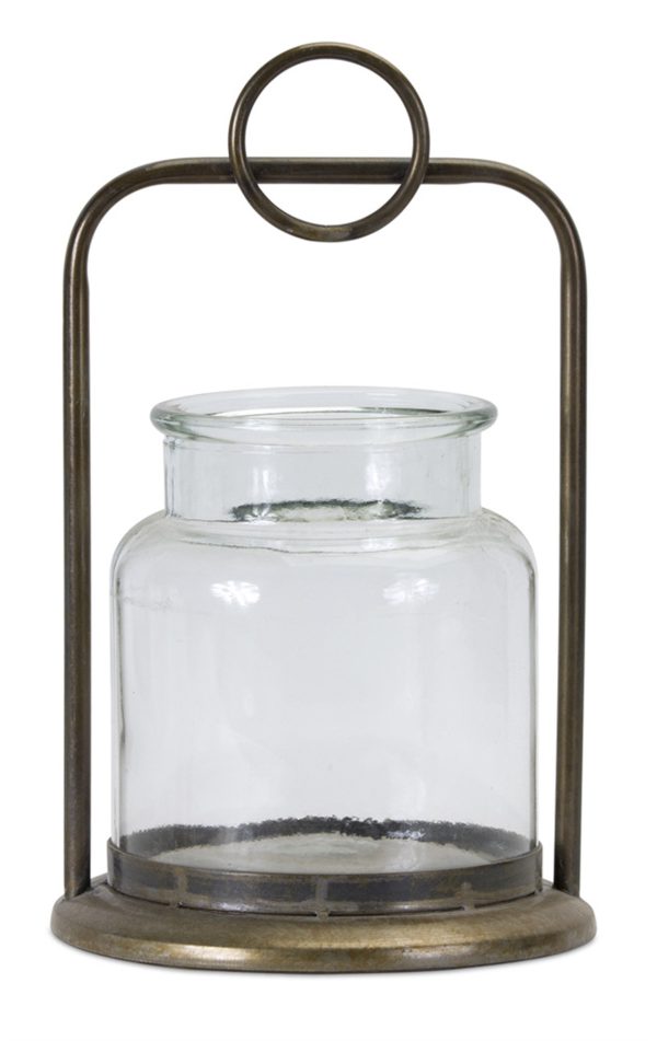 Set of Two Bronze Glass and Metal Tabletop Hurricane Candle Holders - Image 3