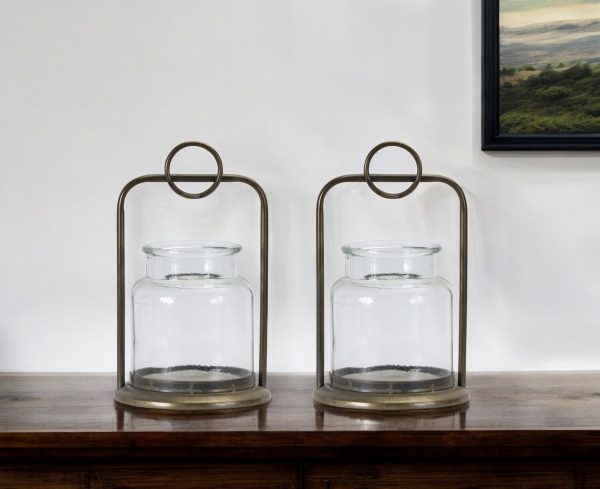 Set of Two Bronze Glass and Metal Tabletop Hurricane Candle Holders