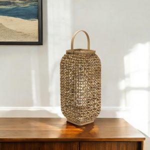 20" Natural Glass and Wicker Woven Floor Lantern Candle Holder