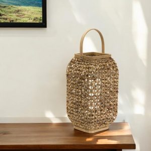 16" Natural Glass and Wicker Woven Floor Lantern Candle Holder