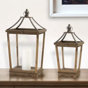 Set of Two Brown Wood and Metal Geometric Floor Lantern Candle Holders