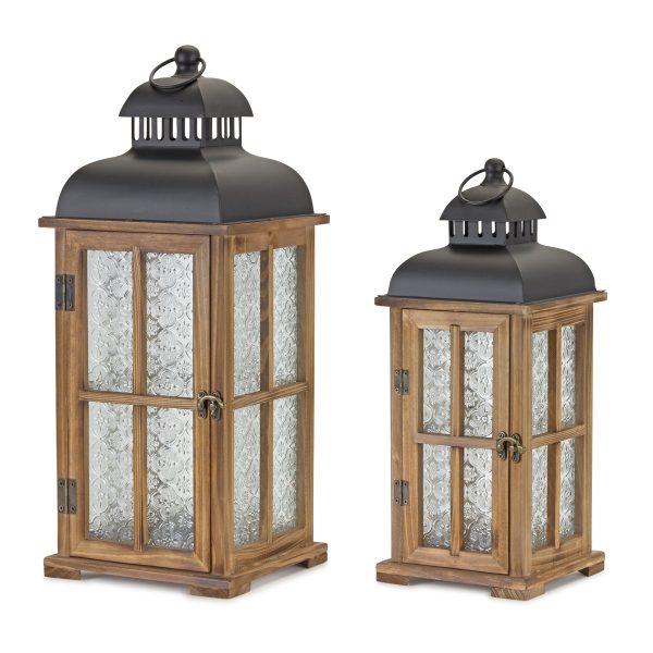 Set of Two Brown and Black Frosted Glass Wood and Metal Floor Lantern Candle Holders - Image 2