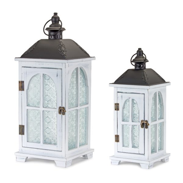 Set of Two White and Black Glass Wood and Metal Ornate Floor Lantern Candle Holders - Image 2