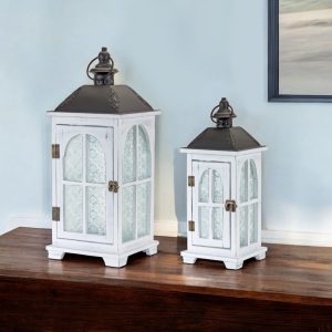 Set of Two White and Black Glass Wood and Metal Ornate Floor Lantern Candle Holders