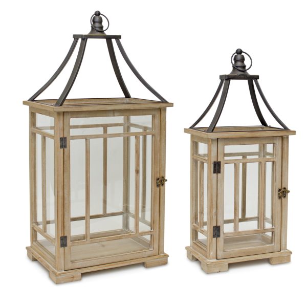 Set of Two Brown and Black Wood and Metal Geometric Tabletop Lantern Candle Holders - Image 2