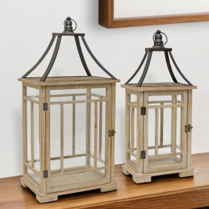 Set of Two Brown and Black Wood and Metal Geometric Tabletop Lantern Candle Holders