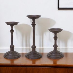 Set of Three Brown Rustic Resin Tabletop Pillar Candle Holders