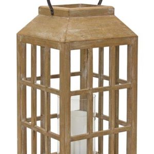 18" Natural Wood and Glass Geometric Centerpiece Lantern Candle Holder