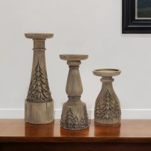 Set of Three Brown Resin Woodland Carved Tabletop Pillar Candle Holders