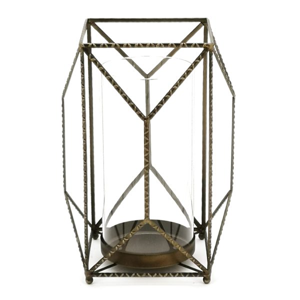 12" Gold Iron and Glass Geometric Floor Hurricane Candle Holder - Image 2