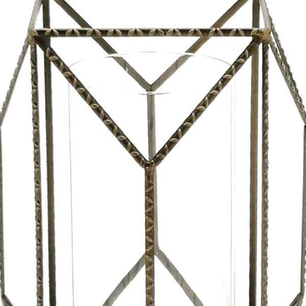 12" Gold Iron and Glass Geometric Floor Hurricane Candle Holder - Image 3