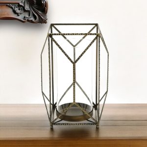 12" Gold Iron and Glass Geometric Floor Hurricane Candle Holder