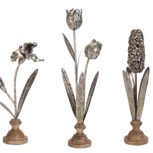 Set Of Three 16" Silver and Brown Polyresin Flower Figurine