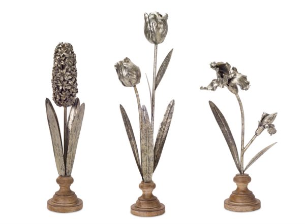 Set Of Three 16" Silver and Brown Polyresin Flower Figurine - Image 3