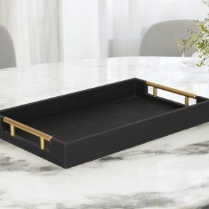 16" Black Wood and Vinyl Faux Shagreen Serving Tray With Gold Handles