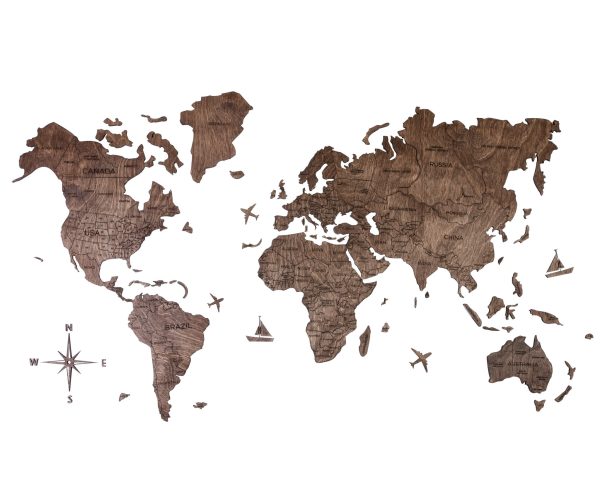 47" X 79" Dark Brown Wood World Map Hanging Dimensional Sculpture - Image 2